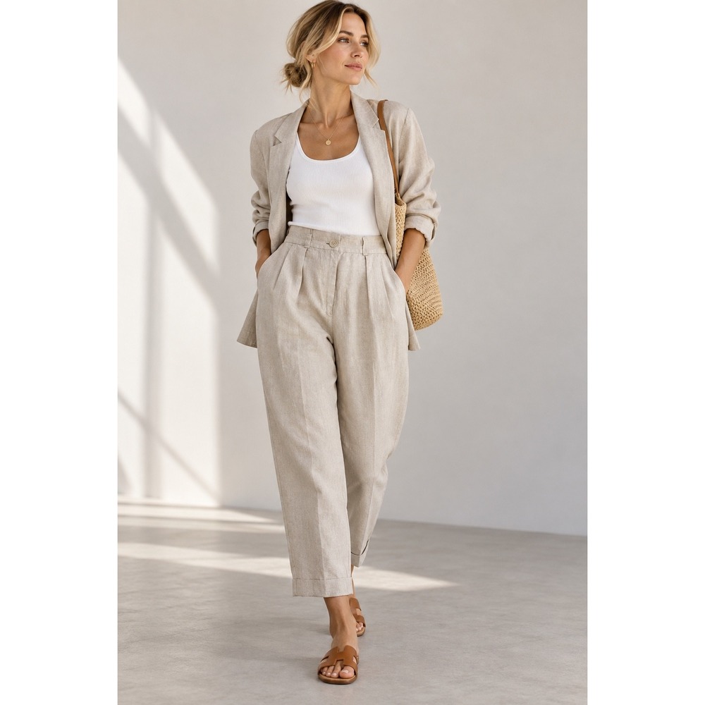 & Other Stories Los Angeles Atelier Beige Linen Pleated High Waist Pants 4